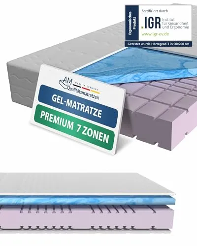 AM Qualitätsmatratzen Premium 7 Zonen Gelmatratze 160x200 H3 - Made in Germany - Matratzen mit 7-Zonen Kaltschaumkern für optimale Körperanpassung und druckentlastendem Memory Foam. Allergikerfreundlicher Bezug, waschbar und mit 30 Nächten Probeschlafen.