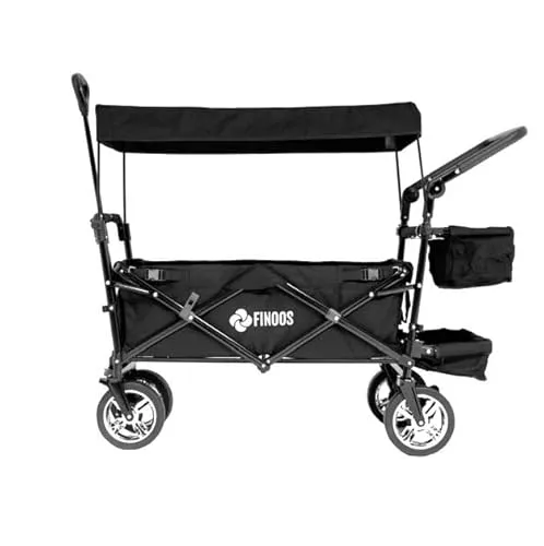 FINOOS Bollerwagen faltbar mit Dach | inkl. 2X 3-Punkt Gurtsystem für 2 Kinder| Handwagen mit PU-Reifen | klappbar | Transportwagen bis 80 kg | Vorder- und Hinter-Bremse + Tragetasche (Schwarz)