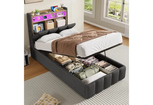KIMENICH Polsterbett mit LED-Beleuchtung und Ladefunktion, 90 x 200 cm, Grau - Modernes Polsterbett mit praktischem Stauraum und integrierter LED-Beleuchtung. Ideal für eine stilvolle und funktionale Schlafumgebung. Die Ladefunktion ermöglicht bequemes Aufladen von Geräten.