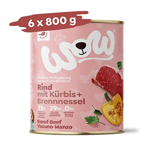 WOW Hundefutter nass Junior mit Rind, 6x800g | reichhaltiges Nassfutter für Welpen Aller Rassen I Beste Qualität mit viel frischem Fleisch, Kürbis I hohe Akzeptanz & getreidefrei