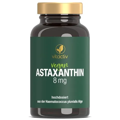 Vitactiv ASTAXANTHIN 8mg Kapseln - 60 Caps (2 Monate) - Reines, Natürliches Astaxanthin Hochdosiert aus Mikroalgen Haematococcus Pluvialis - Nahrungsergänzung aus Deutschland, Vegan, Laborgeprüft