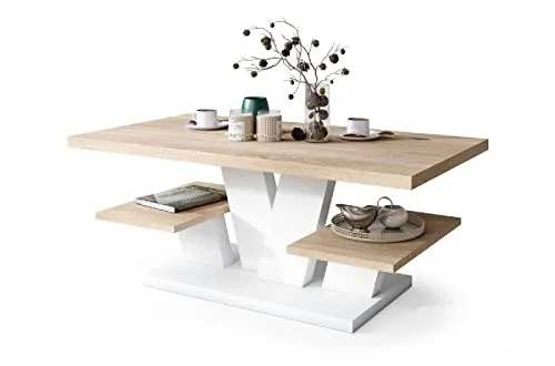 All4All Couchtisch Valerio - Wohnzimmertisch - Kaffeetisch – Tisch mit Ablagen - Esszimmertisch - Coffee Table - 110x60cm - 05 - Sonoma Eiche + Weiß