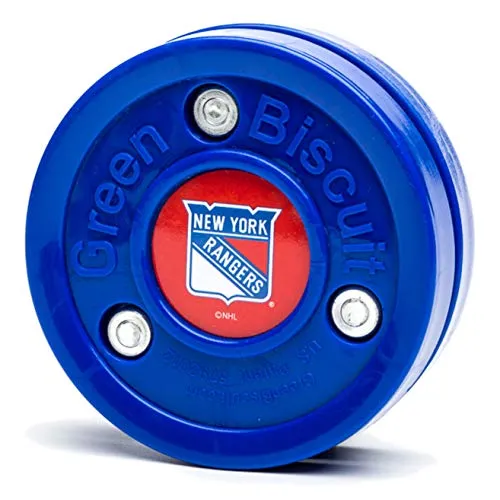 Green Biscuit NHL Pucks - New York Rangers - Hockey Training Puck, Stays Flat, Passing/Handling Street Hockey