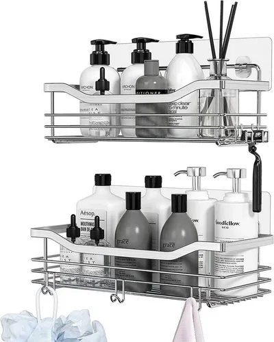 Duschablage ohne Bohren aus Edelstahl mit 5 Haken – 2 Stück in silber von Refined Living