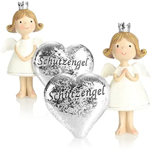 com-four® 2X Deko-Engel Schutzengel mit Herz - Aufsteller Deko-Figur - Engel-Figur in silberfarben - Glücksengel mit Aufschrift „Schutzengel“ - Dekoration und Glücksbringer