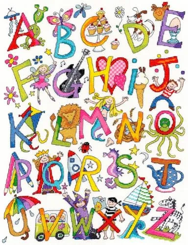 Bothy Threads Kreuzstich-Set Alphabet Spaß - Zählbares Kreuzstich-Set mit hochwertigem Material, inklusive Stoff, Nadel und Garn. Perfekt für kreative Projekte mit einer fertigen Größe von 35x45cm.