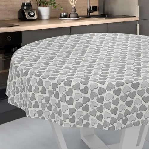 Wachstuch-Tischdecke Tischdecke abwaschbar Wachstuch Garten-Tischdecke Outdoor Indoor Rund 120cm Schnittkante Herz Grau