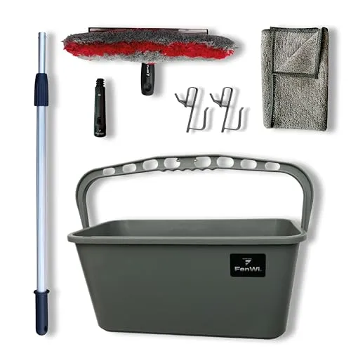 FenWi 1,25m Profi Komplett Set zur Glasreinigung mit 25/30cm Kombi Fensterabzieher Mikrofaser Einwascher Teleskopstange Rechteckeimer I Zubehör zur Fensterreinigung mit Wischeimer zum Fensterputzen