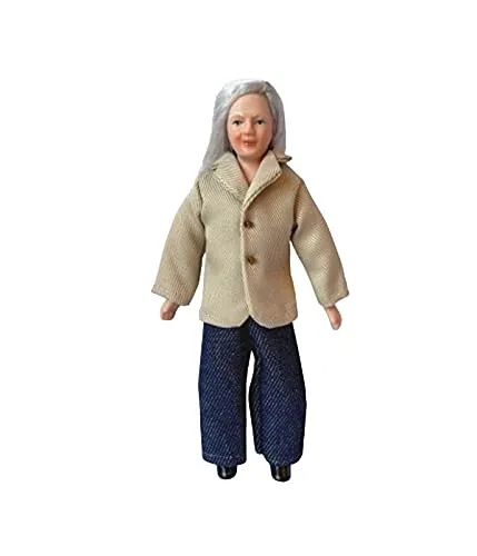 Puppenhaus Modern Grandmother in Jacke & Jeans Miniatur Porzellan Menschen