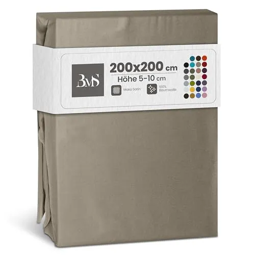 Bettwaesche-mit-Stil Mako Satin Spannbettlaken Spannlaken Spannbetttuch (200 cm x 200 cm, Matratzenhhöhe 5-10cm, Braun/Taupe)