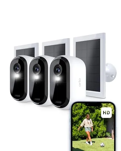 Arlo Essential 2 HD Überwachungskamera Aussen & 3x Solar, Kabellos, 1080p Video, Farbnachtsicht, Licht, Bewegungsmelder, Sirene, 2-Wege Audio, Smart Home + Arlo Secure Plan Testzeitraum, 3er Set, Weiß