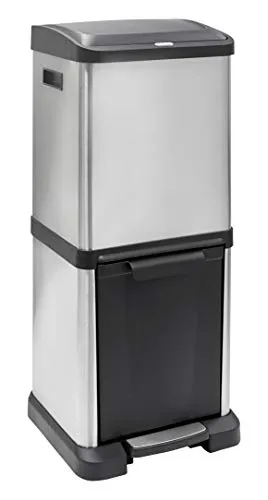 ARREGUI Binary CR705-34L Mülleimer aus Edelstahl | 2 Fach Abfalleimer | Mülltrennsystem mit 2 Inneneimern aus Kunststoff | 1x 16L Klappdeckel Eimer + 1x 18L Treteimer (34L) | Edelstahl und Schwarz