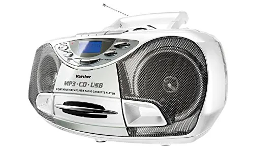 Karcher RR 510(N)-W - Tragbares CD Radio mit USB - CD-Player mit Kassette, FM-Radio und MP3-Wiedergabe, ideal für mobiles Musikhören dank Batteriebetrieb und stabilem Tragebügel.