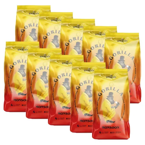 10x Gorilla Monsoon Kaffee 1kg Bohnen 100% Arabica - Hochwertige 100% Arabica Kaffeebohnen, ideal für einen milden Genuss. Perfekt für Kaffeeliebhaber, die Wert auf Qualität legen.