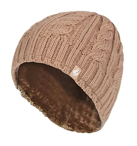 HEAT HOLDERS - Damen Mütze mit Fleecefutter für Winter und Herbst | Strick Beanie mit Warm Fleece (Einheitsgröße, Beige)