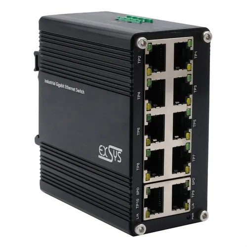 EXSYS EX-62025 10-Port Industrie Ethernet Switch - Industrie Ethernet Switch mit 10 Gigabit-LAN-Anschlüssen, ideal für anspruchsvolle Netzwerkumgebungen und Rackmontage.