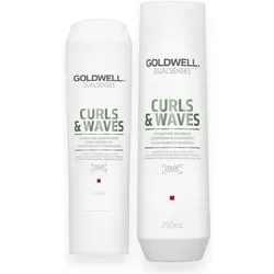 Goldwell Haarshampoo Dualsenses Curls & Waves Set mit gratis Haarspray - Haarshampoos für lockiges und gewelltes Haar, spendet Feuchtigkeit und sorgt für schwerelose Sprungkraft. Enthält Shampoo, Conditioner und ein flexibles Haarspray für langanhaltende Styles.