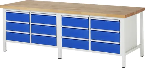 RAU Werkbank 2500x900x840-1040mm 12xSchublade-TA l.gr/e.bl