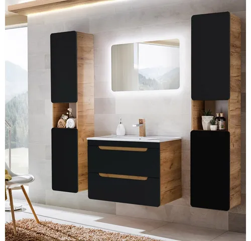 Lomadox Badmöbel-Set NEW-LUTON, 4-teilig mit LED-Spiegel - Modernes Badmöbel-Set in seidenmatt anthrazit mit Wotaneiche, inklusive komfortablen Softclose-Funktionen und einem eleganten LED-Spiegel für eine stilvolle Badgestaltung.