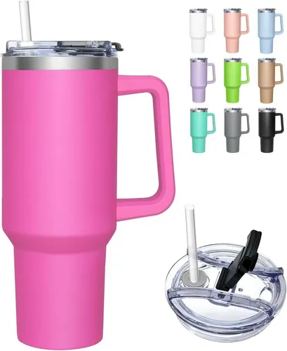 Edelstahl Thermobecher 1180ML mit 2-in-1-Deckel und Trinkhalm - Hochwertiger Isolierbecher für Erwachsene, ideal für unterwegs. Der 2-in-1-Deckel ermöglicht einfaches Trinken und sorgt für ein stilvolles Design in Silber und Rosa.
