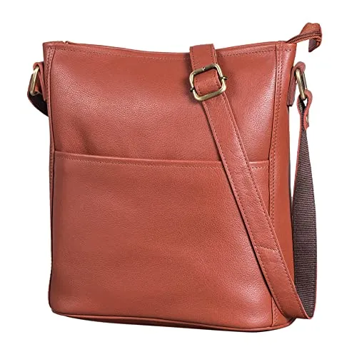 LEABAGS Leder Handtasche Damen I Premium Echtleder Umhängetasche I Damen Schultertasche I Damentasche I Tragetasche für Arbeit Uni Schule Freizeit I Größe M (24 x 23 x 6 cm) I Nappa Rotbraun