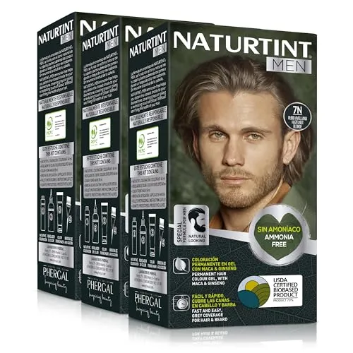 Produktbild Naturtint Men | Permanente Haarfarbe Ohne Ammoniak Speziell für Männer | 100% Grauabdeckung | Haare und Bart | Natürliche und Langanhaltende Farbe | Natürliche Inhaltsstoffe | 7N Haselnussblond | Pack