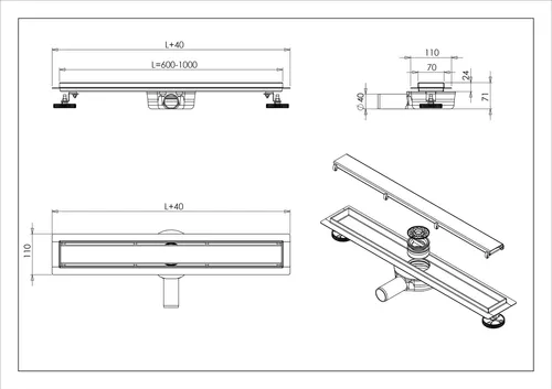 Bernstein Duschrinne FlexGT02, 70 cm - Sanitärinstallation mit 30 l/min Abflussleistung, befliesbar und ideal für Duschkabinen. Inklusive höhenverstellbarer Ankerfüße für präzisen Einbau und elegantem Gunmetal-Ablaufrost.