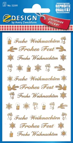 AVERY Zweckform Weihnachtsaufkleber - 44 goldene Schriftzüge auf transparenter Folie, hochwertige Weihnachtsdeko für Geschenke und Karten