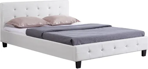 Polsterbett Kingston 140 x 200 cm mit Strasssteinen - Elegantes Doppelbett aus pflegeleichtem Lederimitat in weiß, inklusive Lattenrost und mit funkelnden Strasssteinen für einen stilvollen Akzent.