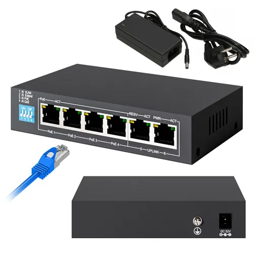KRIOS Netzwerk Switch PoE mit 4x Gigabit RJ-45 Ports - Netzwerk-Switch mit 4x Gigabit PoE/PoE+ Ports, Metallgehäuse und 60 W Leistung – ideal für energieeffiziente Netzwerkinstallationen.
