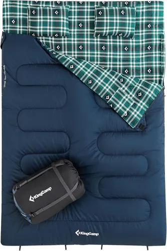 KingCamp Doppelschlafsack Winter Schlafsack 2 Personen Outdoor Warmer Deckenschlafsack Tragbar Leicht 3-4 Jahreszeiten mit 2 Flanell Kissen Camping Schlafsack für Kinder & Erwachsenen 4kg Blau
