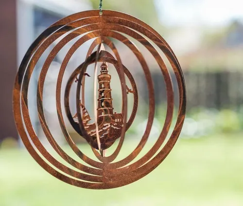 Edelrost Windspiel Kreis mit Leuchtturm - Durchmesser 27 cm