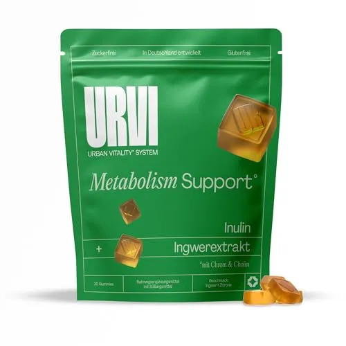 URVI® Metabolism Gummies - Chrom, Cholin, Inulin (Ballaststoff) & Ingwer - Darmkur, Stoffwechsel beschleunigen - Zuckerfrei & Glutenfrei - Ballaststoffe & Mineralien - 30 Stück