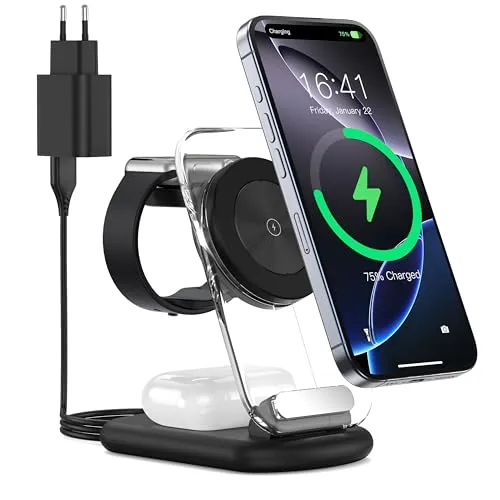 Mag Safe Ladestation, Kabellos Ladegerät, 3 in 1 Faltbare Induktive Ladestation Apple Watch und iPhone 16 15 14,Travel Charging Station,Apple Watch Ultra 2/1/Series 9,AirPods