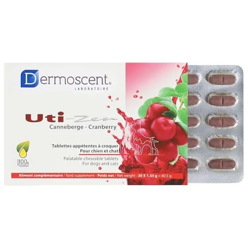 Dermoscent UTI-Zen | 30 Kautabletten für Hunde und Katzen - Ergänzungsfuttermittel zur Unterstützung der Harntraktfunktion, enthält wertvolles Cranberry-Pulver für eine optimale Tiergesundheit.