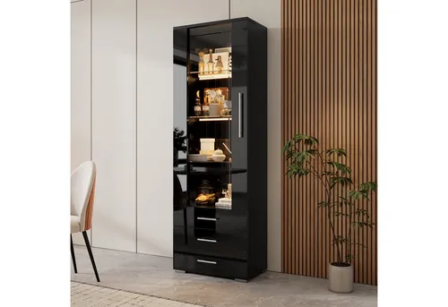 Stilvora Vitrine Schwarz mit LED-Beleuchtung, 3 Fächer und 3 Schubladen, 60x180x35 cm