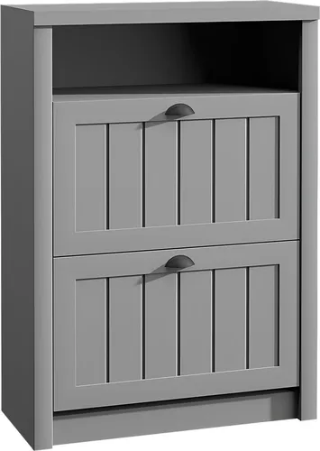 Massiver Schuhschrank mit 2 Schubladen in Grau - Praktischer Schuhschrank im Landhausstil mit 2 Schubladen, ideal für den Eingangsbereich. Maße: ca. 80 x 36 x 113 cm, aus robustem Holz gefertigt, bietet Platz für Ihre Schuhe und sorgt für Ordnung.