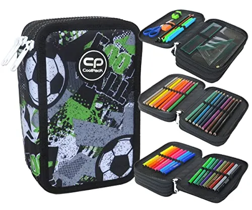 CoolPack XXL Pencil Case - 3-Fächer Federmäppchen für Fußballfans - Geräumiges Federmäppchen aus strapazierfähigem Polyester mit 44 Teilen, ideal für Schüler. Perfekt organisiert für Schule und Freizeit!
