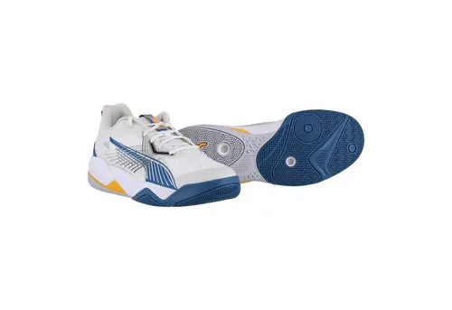 Puma Hallen-Indoorschuhe Eliminate Power Nitro II – Weiß/Blautöne, Größe 40,5 (US 8) - Erlebe das Spiel in diesen stylischen Hallenschuhen mit PWRPLATE für optimale Stabilität und NITROFOAM für besten Komfort. Ideal für sportliche Höchstleistungen!