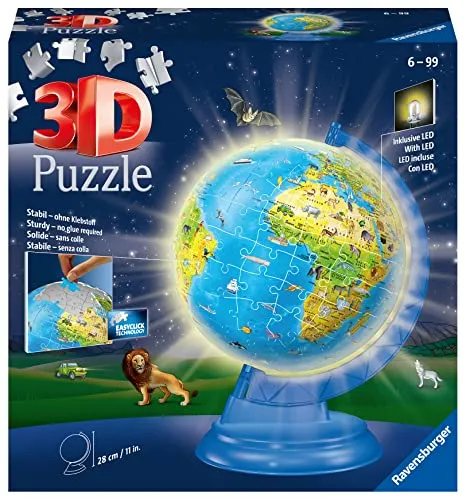Ravensburger 11288 Leuchtende Weltkugel ab 6 Jahren, 3D-Puzzle, 188 Teile, kein Kleber erforderlich, pädagogische Geschenke für Kinder, 20 x 20 x 26,7 cm