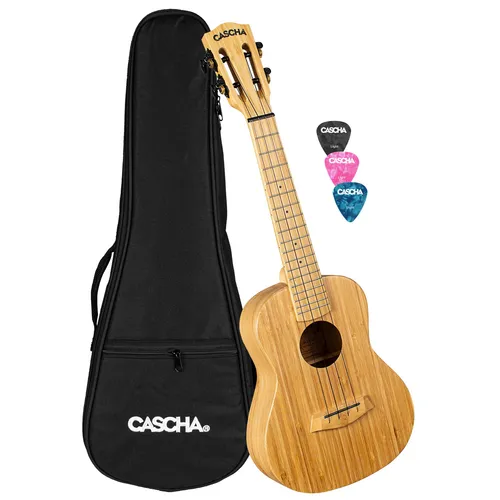 CASCHA Bamboo Natural Concert Ukulele Erwachsene & Kinder - inkl.3 Plektren & gepolsterte Tasche - Bambus-Ukulele für Anfänger oder Fortgeschrittene -, HH 2313, Bambus natur