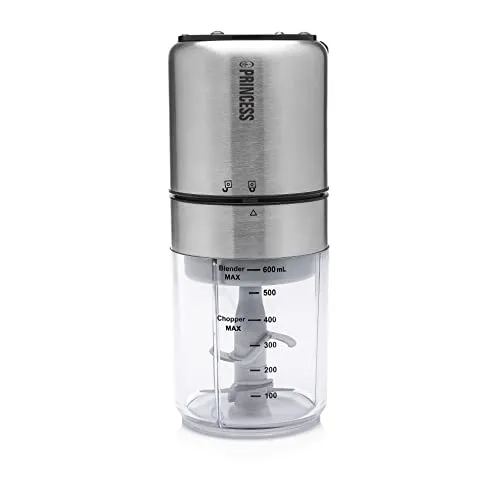 Princess Multi-Zerkleinerer & Mixer – 4-Edelstahlklingen zum Hacken und Zerkleinern, 2 Edelstahlklingen zum Mahlen, 500 ml, 350 Watt, 221080, silber