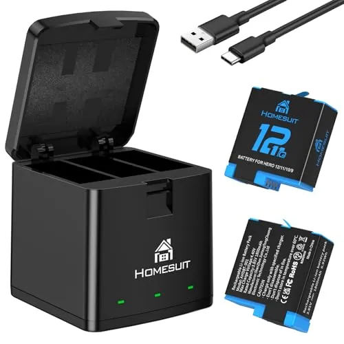 Homesuit Hero 12 11 10 9 Akku 1800mAh und 3-Kanal LED USB Ladegerät Kit mit Typ-C für GoproHero12Black, GoproHero11Black, GoproHero10Black, GoproHero9Black (2er-Pack)