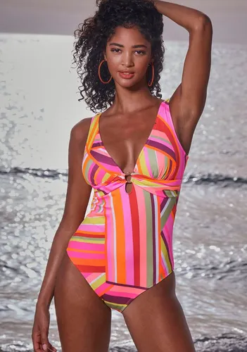 Badeanzug BRUNO BANANI für Damen, Gr. 38, Cup C/D, orange - Eleganter Badeanzug aus Recycling-Polyester mit markantem Muster und edlem Zierring. Ideal für umweltbewusste Modebewusste, die Stil und Komfort suchen.