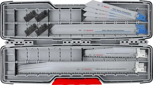 Bosch Accessories PRO Tough Box Demolition Blatt-Set 16-tlg. - Säbelsägeblätter für Abbrucharbeiten, lange Lebensdauer und robustes Bi-Metall-Design für präzise Schnitte in verschiedenen Materialien.