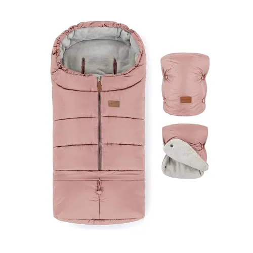 Petite&Mars Fußsack für Kinderwagen, Buggy und Autositz JIBOT * Warrm Wasserdicht Winddicht * mit vertikale Gurtschlitze * Winterfußsack mit Handwärmer * Handschuhe (Dusty Pink Set)