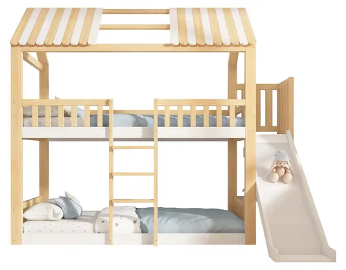 Etagenbett Kinder 90x200 mit Giebeldach in Weiß & Natur