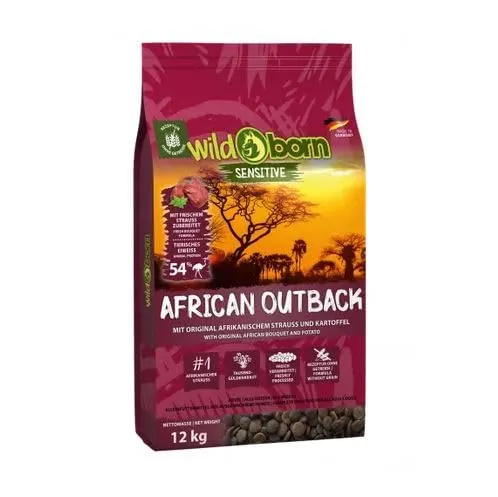 Wildborn African Outback 12kg - Premium Hundefutter - Hundefutter mit 54% Straußenfleisch, hypoallergen und ideal für ernährungssensible Hunde. Ohne Getreide, reich an natürlichen Kräutern für eine gesunde Verdauung.
