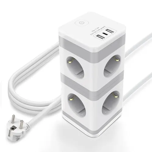 KS Mehrfachsteckdose mit USB, Steckdosenturm 8 Fach Steckdosenleiste mit Schalter 3680W/16A Mehrfachstecker mit USB C und USB A, Steckerleiste 1,5m Verlängerungskabel für Büro
