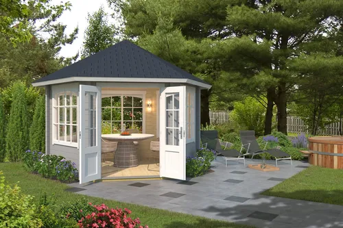 Pavillon Walmdach 44 mm Ilmenau grau 350x350 cm - Gartenpavillon mit 5 Fenstern und abschließbarer Doppeltür, ideal für entspannte Stunden im Freien. Aus robustem Holz gefertigt und mit 5 Jahren Herstellergarantie.